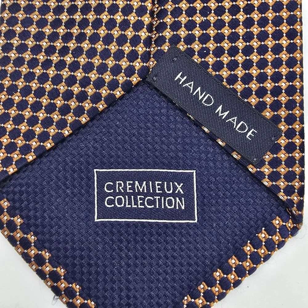 Cremieux Collection Handmade Silk Tie Navy Copper/Orange Repeating Geometric